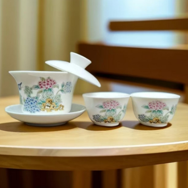 [墨池]羊脂玉瓷绣球花三才盖碗套组0325