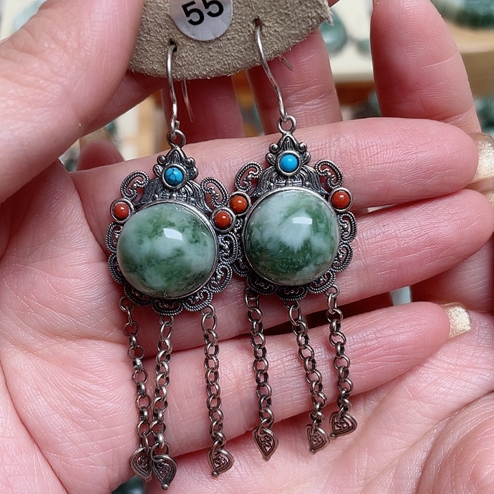 透闪石-蛇纹石玉耳环银S925镶嵌?***?