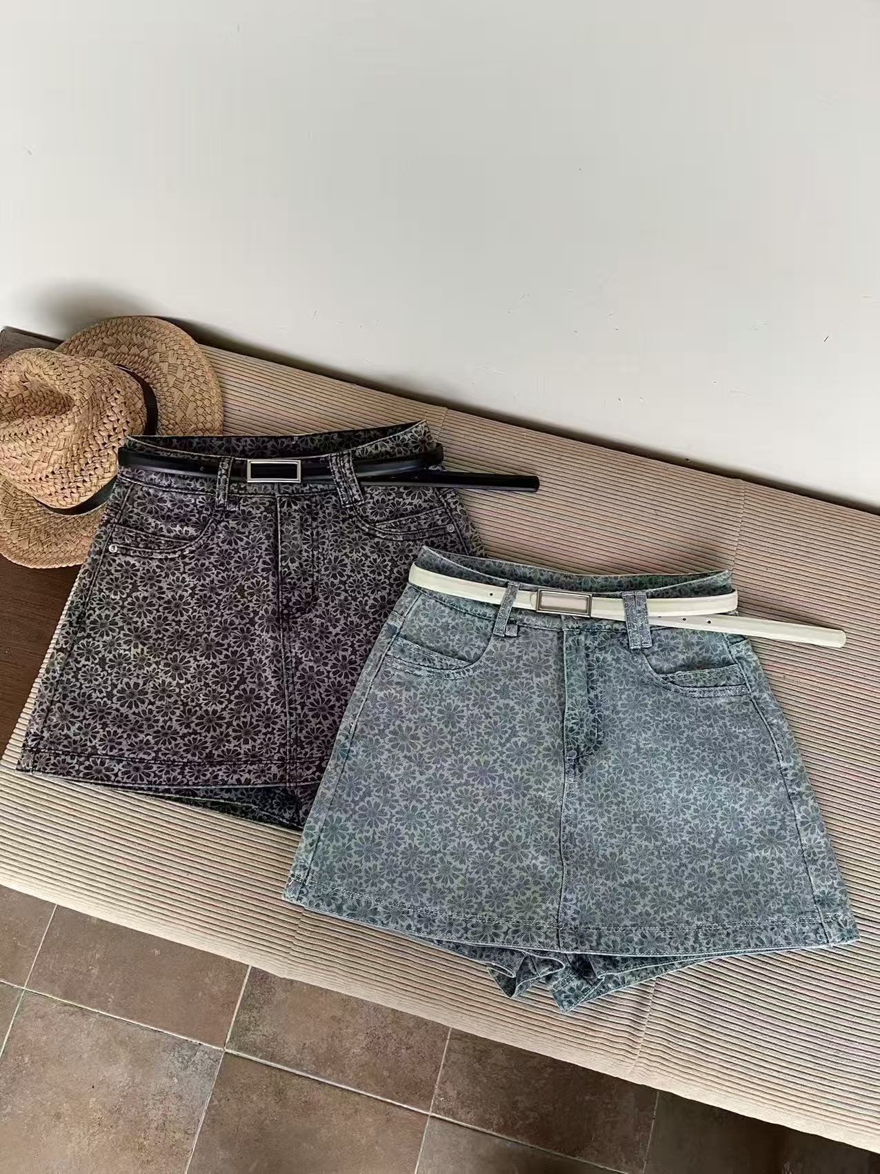 2025夏季A字裙短裙纯色高腰韩系花色牛仔时尚裙裤【两个色】