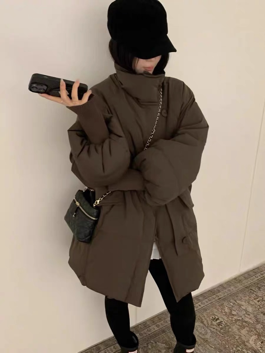 灰灰呀！欧货大爆款 韩版设计感立领斜襟盘扣中长款羽绒服外套 