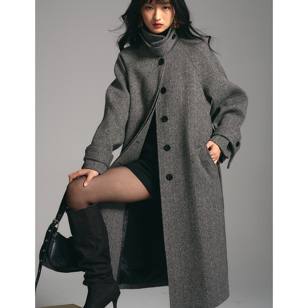 【盛都】冬法式御姐重磅人字纹羊毛大廓形长款毛呢大衣外套女13983