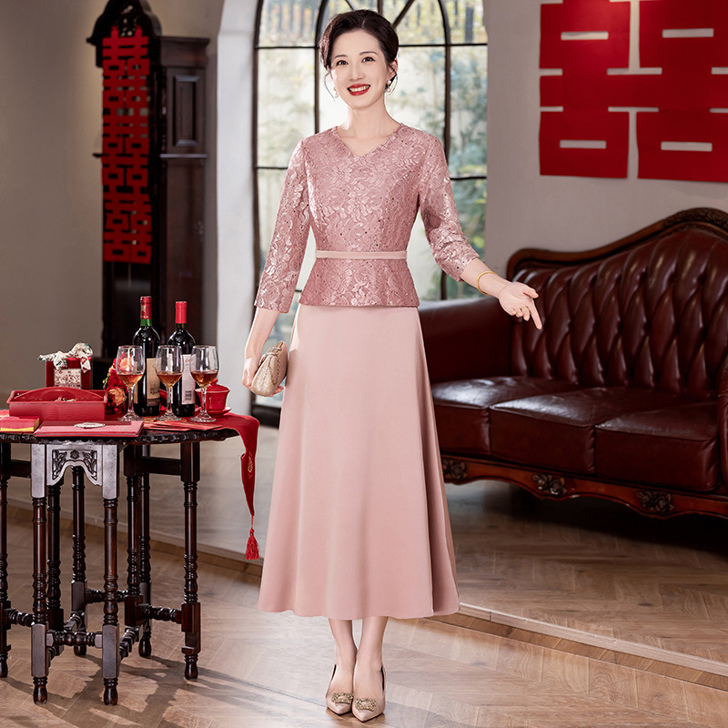 6613婚礼妈妈气质礼服裙新款高贵假两件显瘦修身婚礼喜婆婆婚宴装