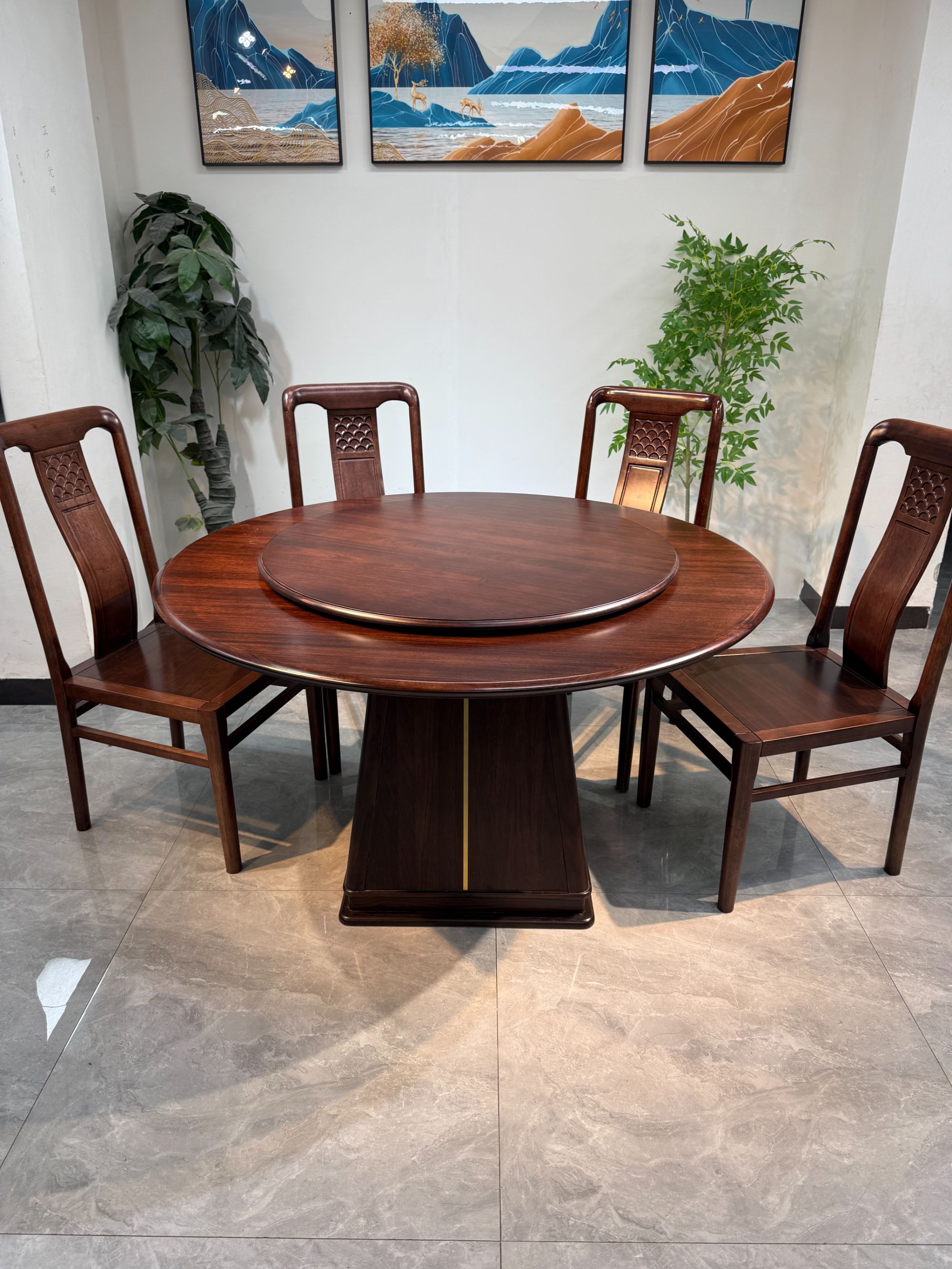 新中式乌金木实心实木圆桌组合家用圆形餐桌酒店带转盘吃饭大圆桌