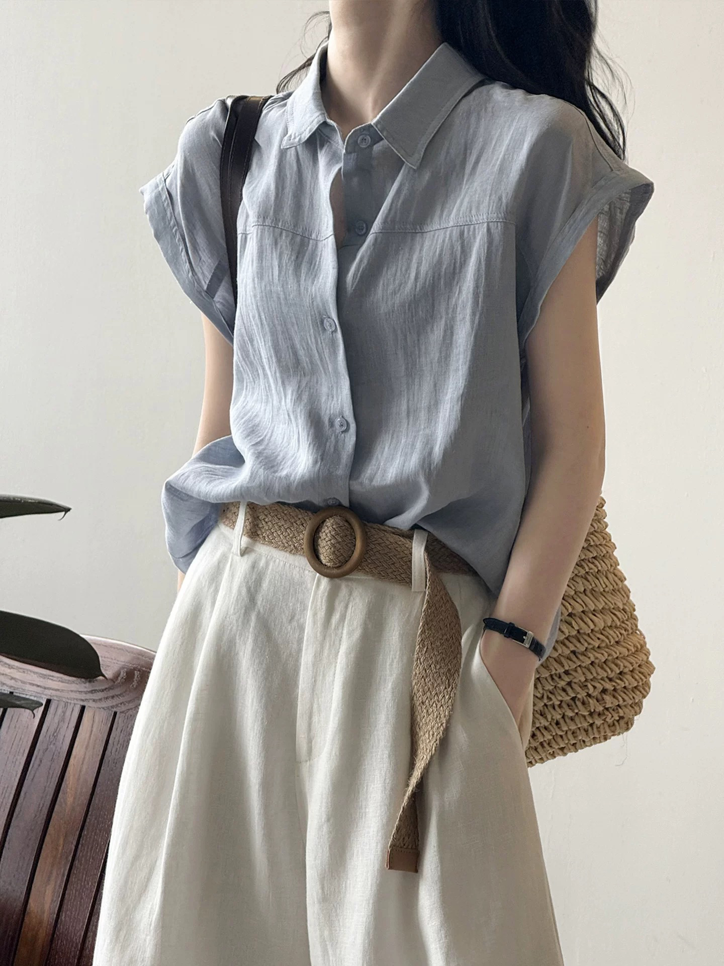 蓝色短袖衬衫女夏