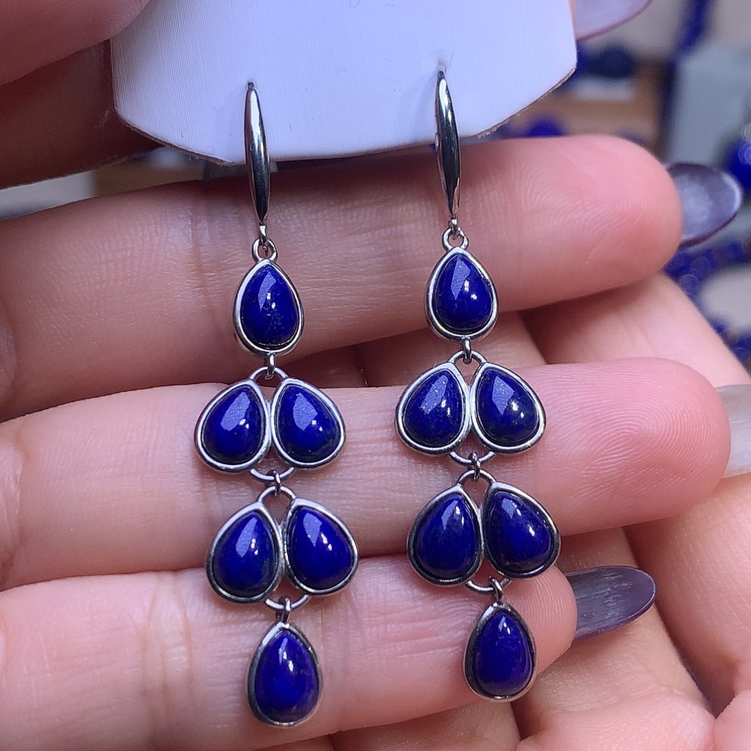 青金石银S925镶嵌耳饰