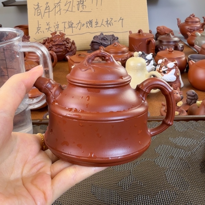 天***地茶壶紫砂朱泥双线竹鼓