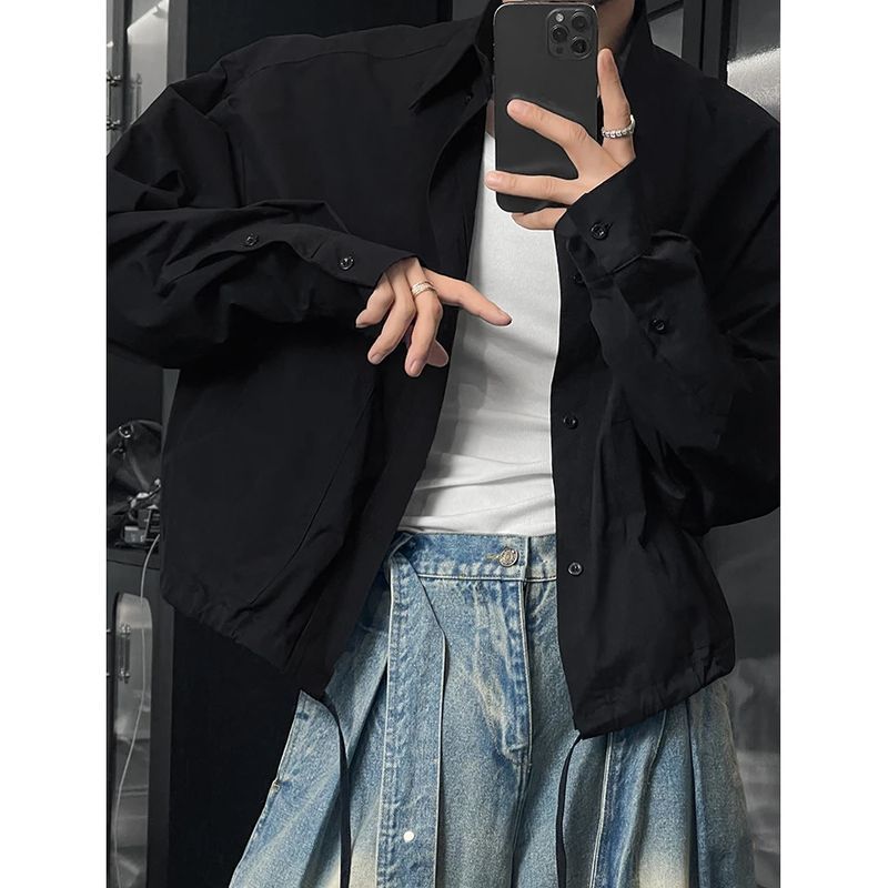 纯棉早秋短款潮流百搭下摆抽绳休闲小众设计师款2025衬衫短外套