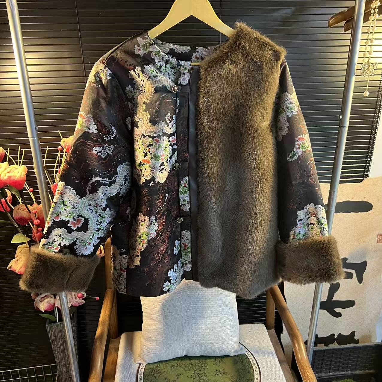 猫家YZM新中式国风秋冬款立领刺绣拼接加绒加厚外套上衣