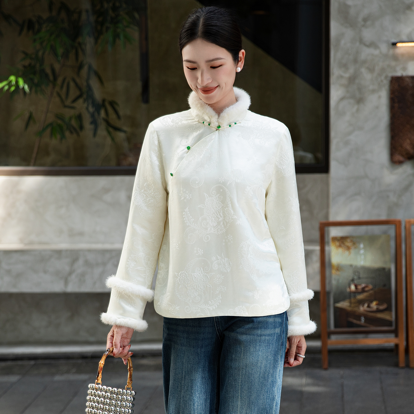 华裳格【白雪】真 丝冠乐绉拼水貂简约时尚百搭棉服女外套HS1890