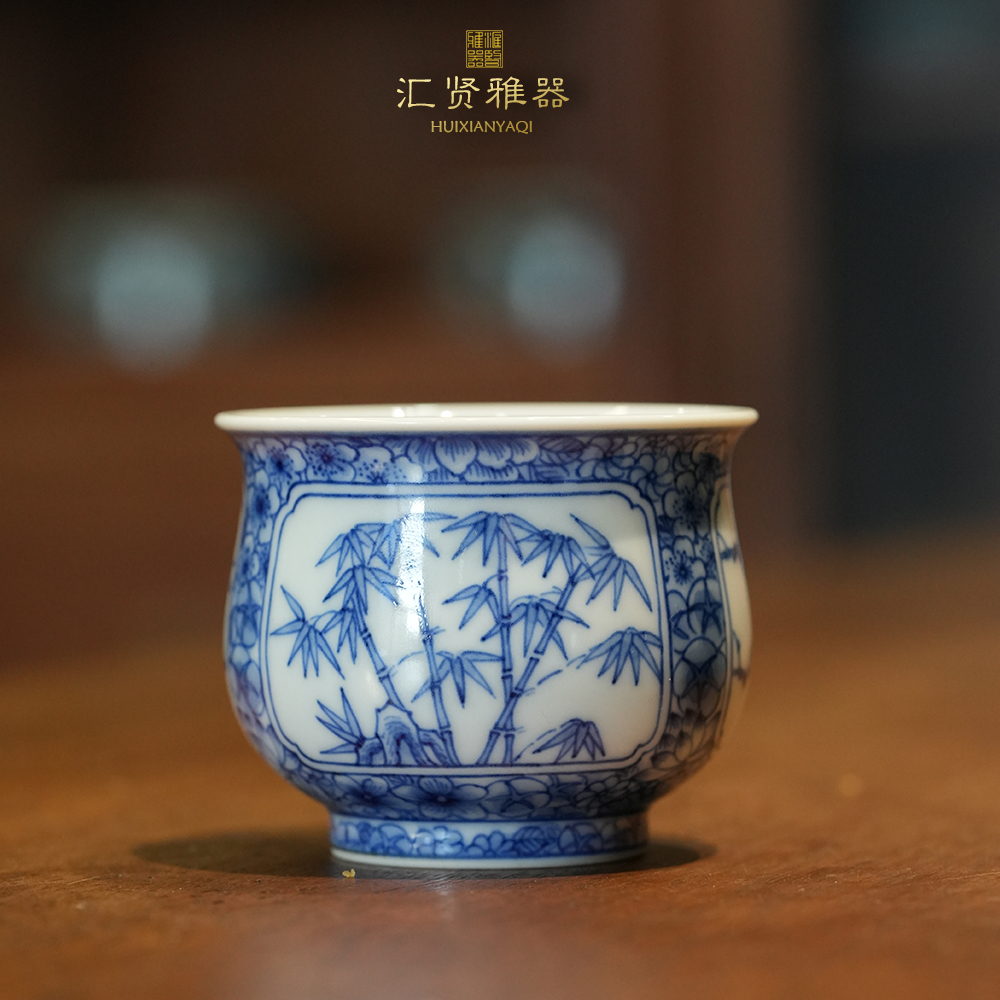 青花万花开窗松竹梅胖肚炉式杯80cc手工纯手绘茶器茶具茶杯客杯