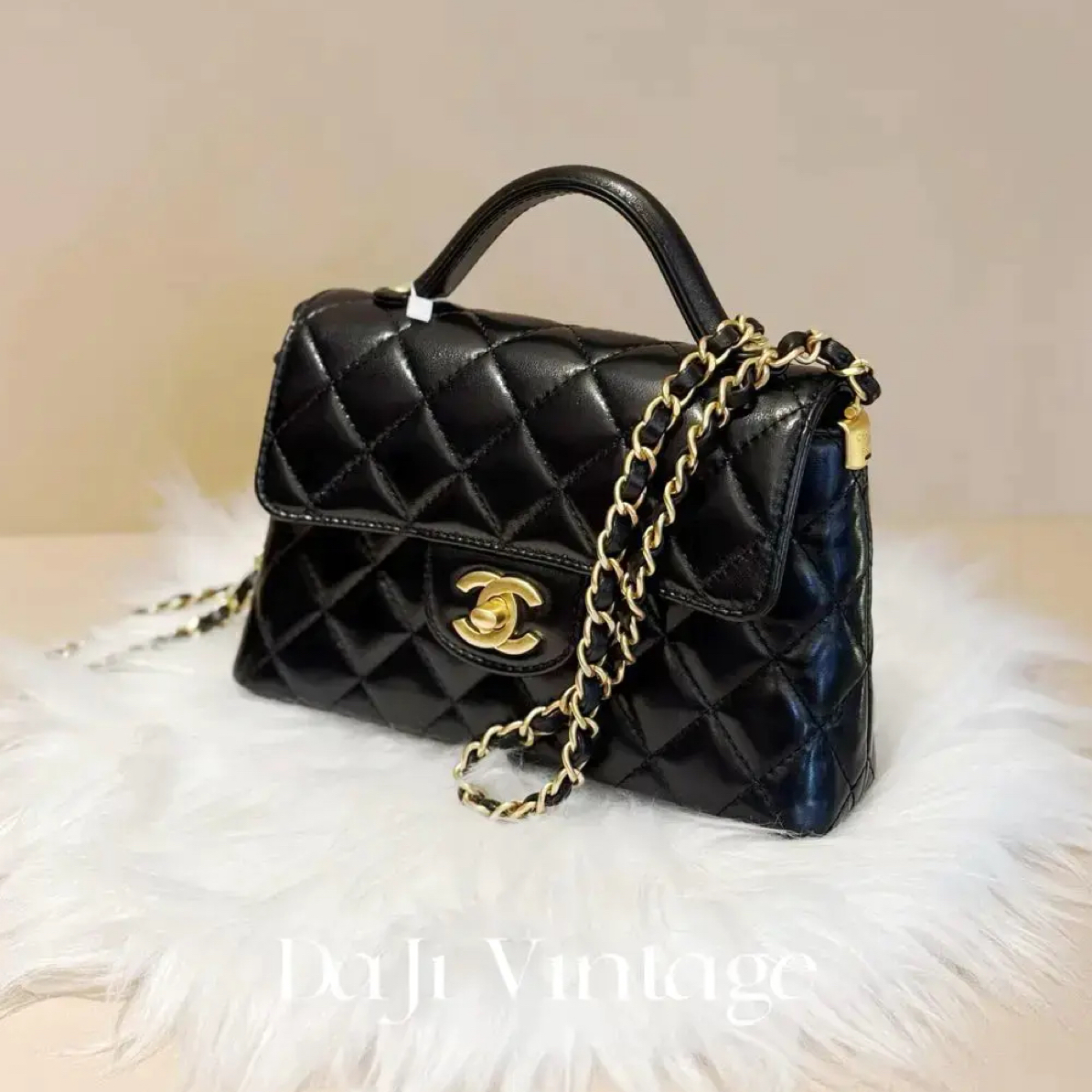 99新 Chanel/香奈儿 大吉中古/香奈儿25p黑金手柄Kelly斜挎包小号