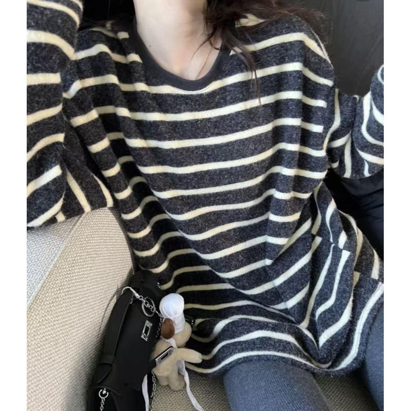 2025秋冬新款海盐奥利奥加绒加厚保暖慵懒宽松显瘦长袖条纹T恤