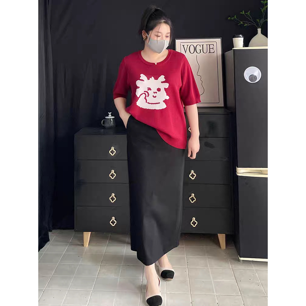 新款大码女装2353显瘦遮肚直筒开叉黑色半身裙