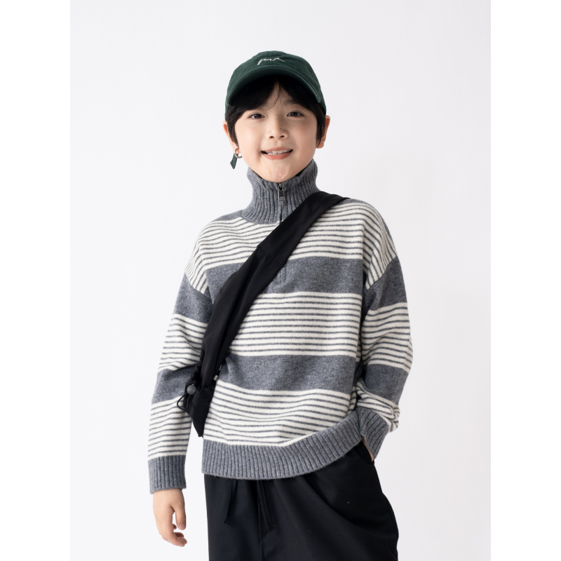 ASKR‘沙翁’【100%羊毛】高领厚男童细条纹毛衣儿童半拉链羊毛衫