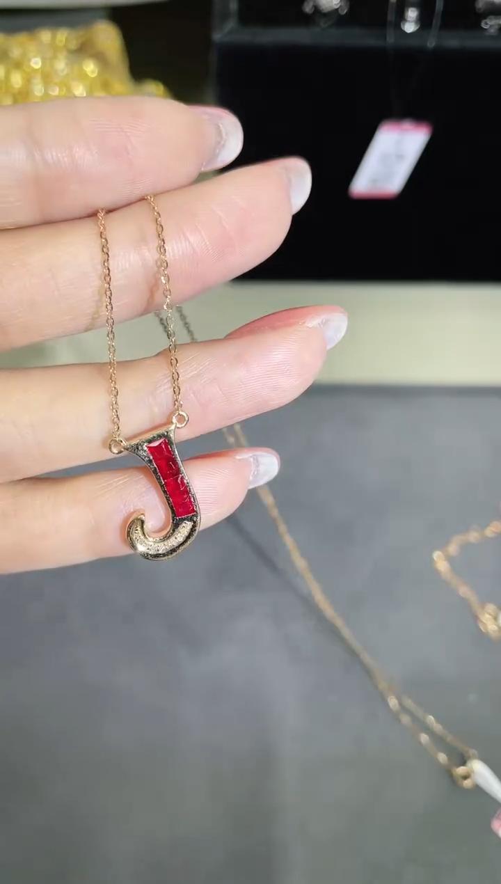 18K金镶嵌天然红宝石项链J