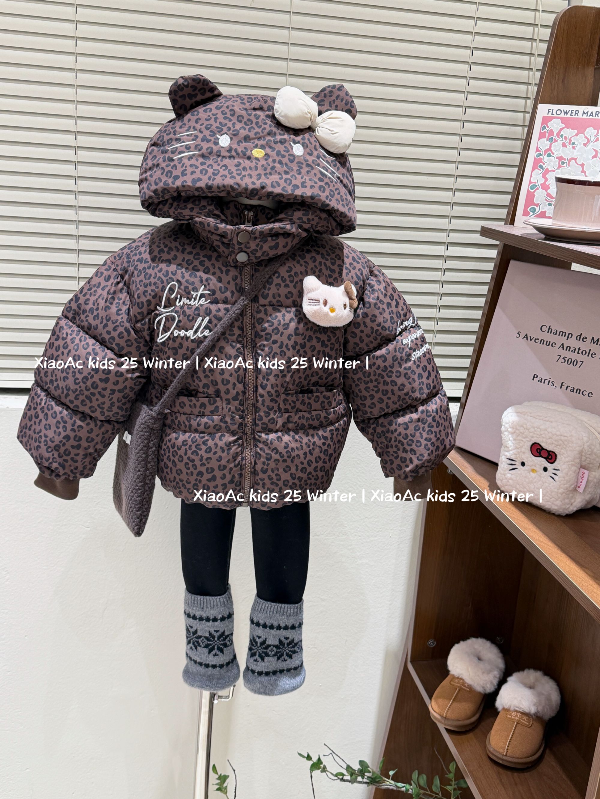 韩系女童冬季款可爱洋气豹纹连帽加绒加厚外套女宝加绒加厚打底裤