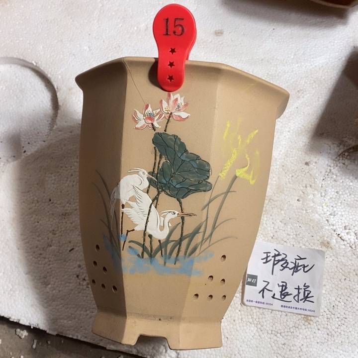 紫砂花盆微瑕火裂白玉段彩绘八方15号