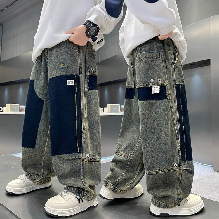 【秋款上新】儿童牛仔裤中大童拼色时髦痞帅宽松潮酷男女童休闲裤子