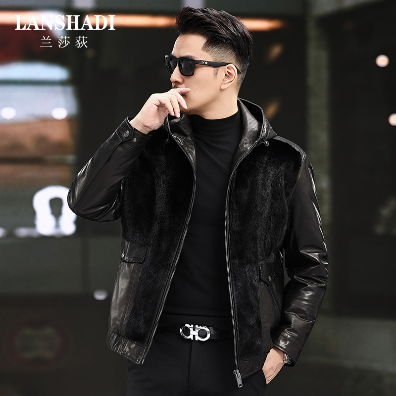 整貂皮草真皮衣男士鹅绒内胆山羊皮水貂连帽短款休闲皮夹克25721