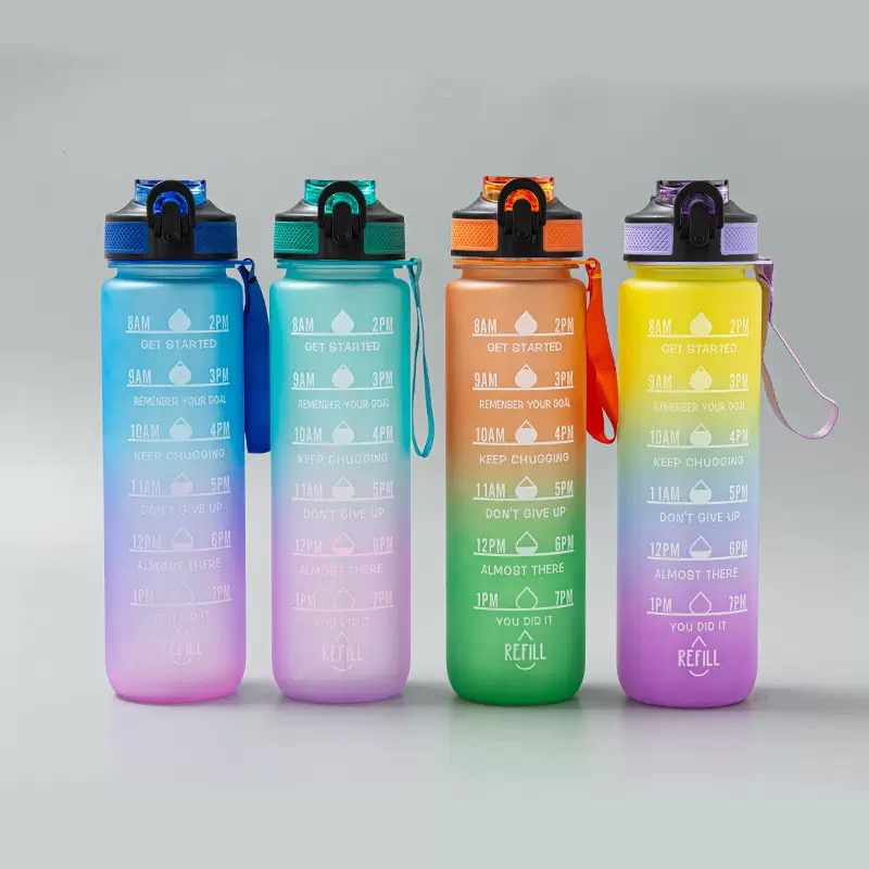 新款1000ML大容量大口径弹跳水壶渐变色水杯便携刻度吸管户外运动