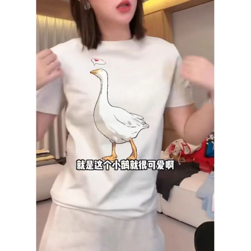 短袖T恤衫2025夏季休闲修身百搭套头小鹅上衣女美式复古纯棉印花