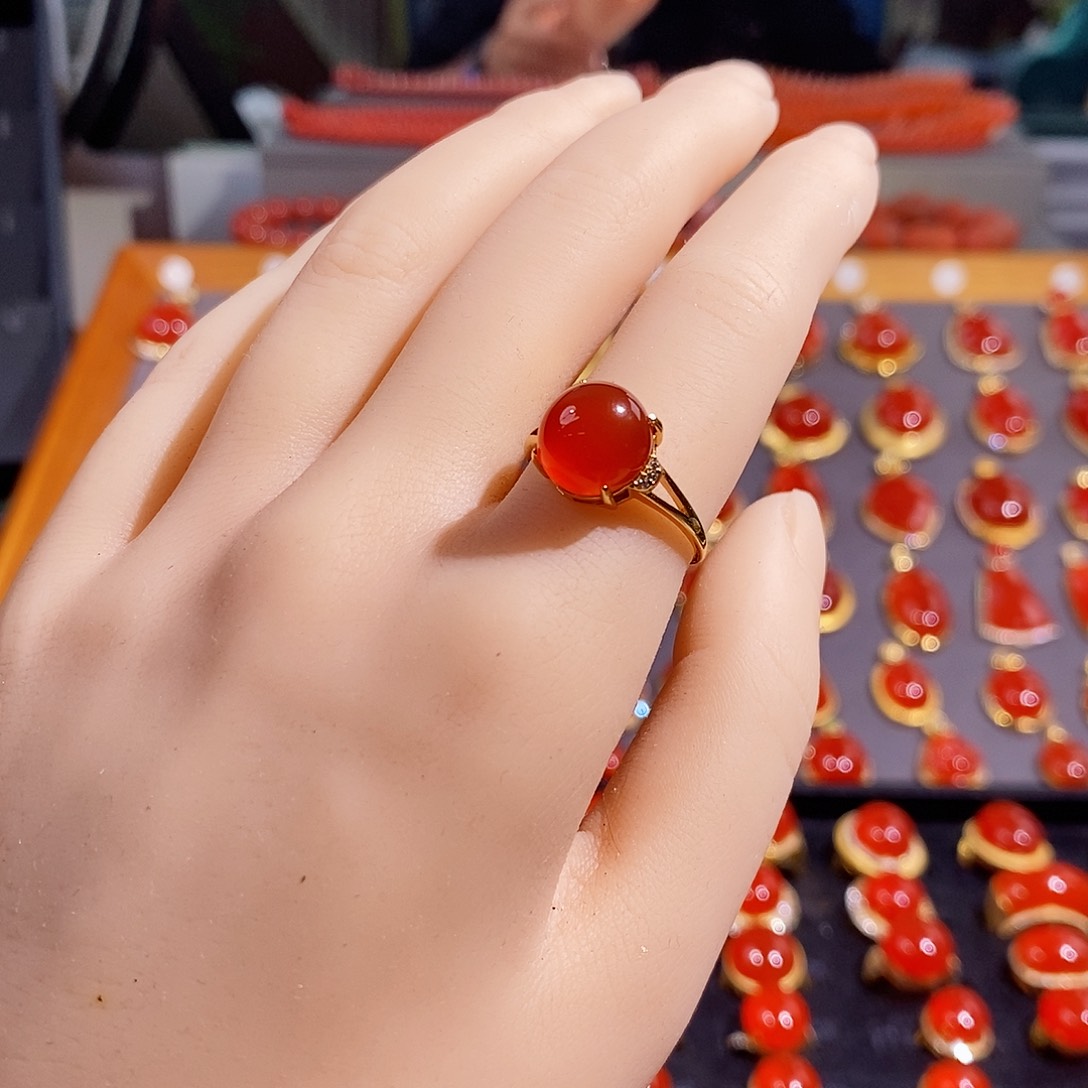 南红玛瑙戒指银S925镶嵌