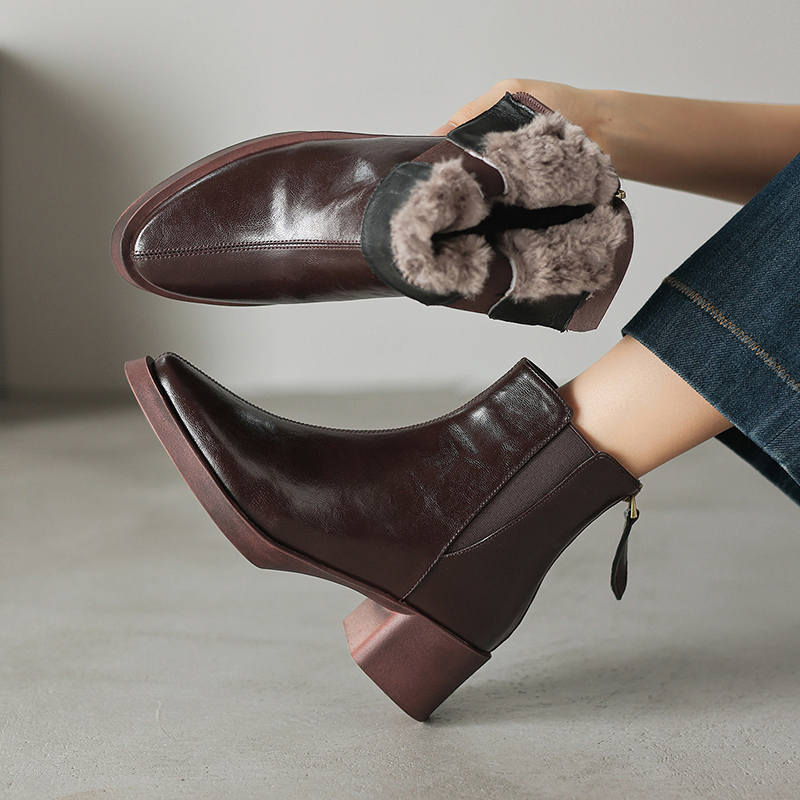 5CM-牛皮冬季马丁靴中跟圆头保暖时尚雪地靴加绒瘦瘦靴短筒时装靴