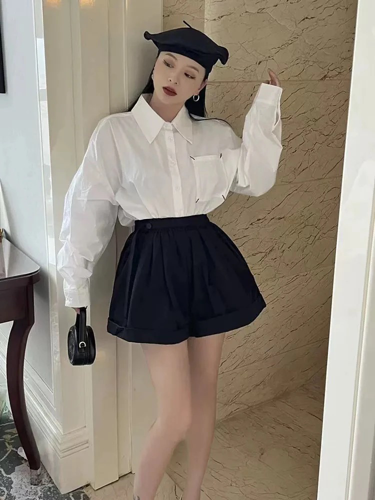 ［葡萄］薄款大码显瘦花苞短裤气质百搭百褶韩版