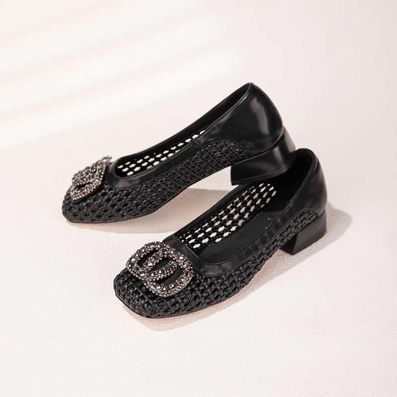 法式编织水钻方扣浅口单鞋女2025年新款方头中粗跟一脚蹬35-50G