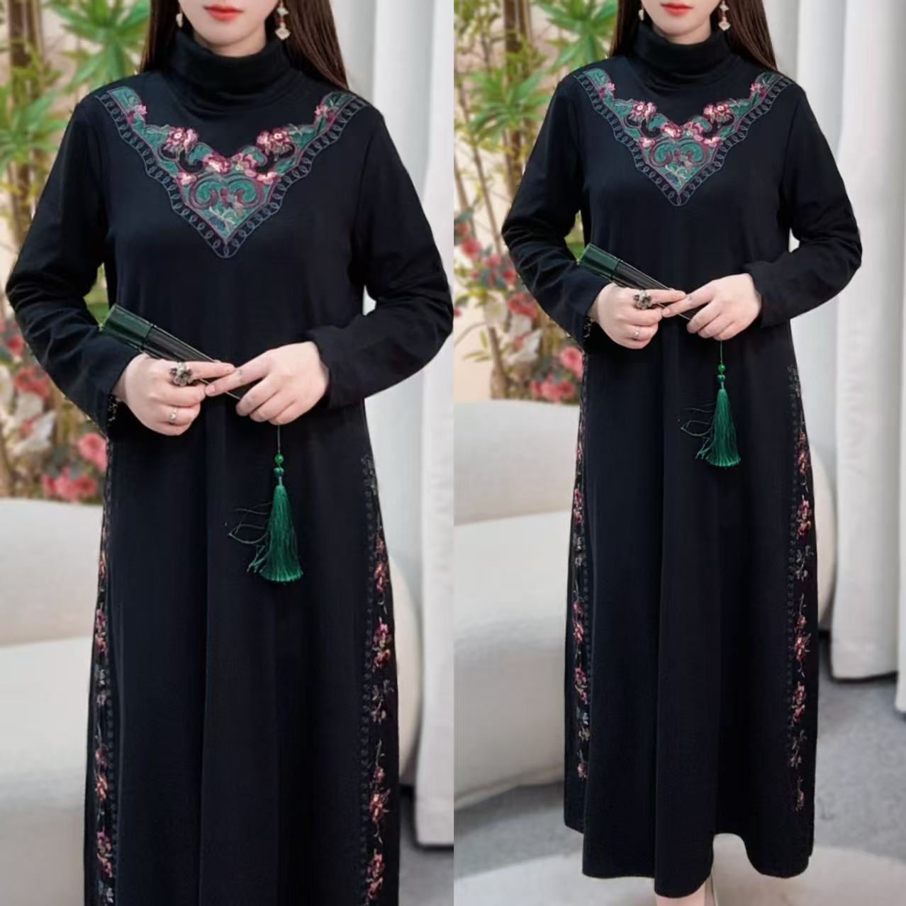  民族风国风高领刺绣收腰显瘦气质百搭长款长袖加厚秋冬连衣裙196