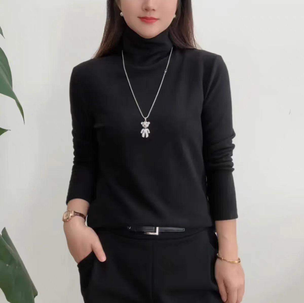 (冬款)洋气妈妈堆堆领德绒保暖内搭上衣简约纯色长袖打底衫