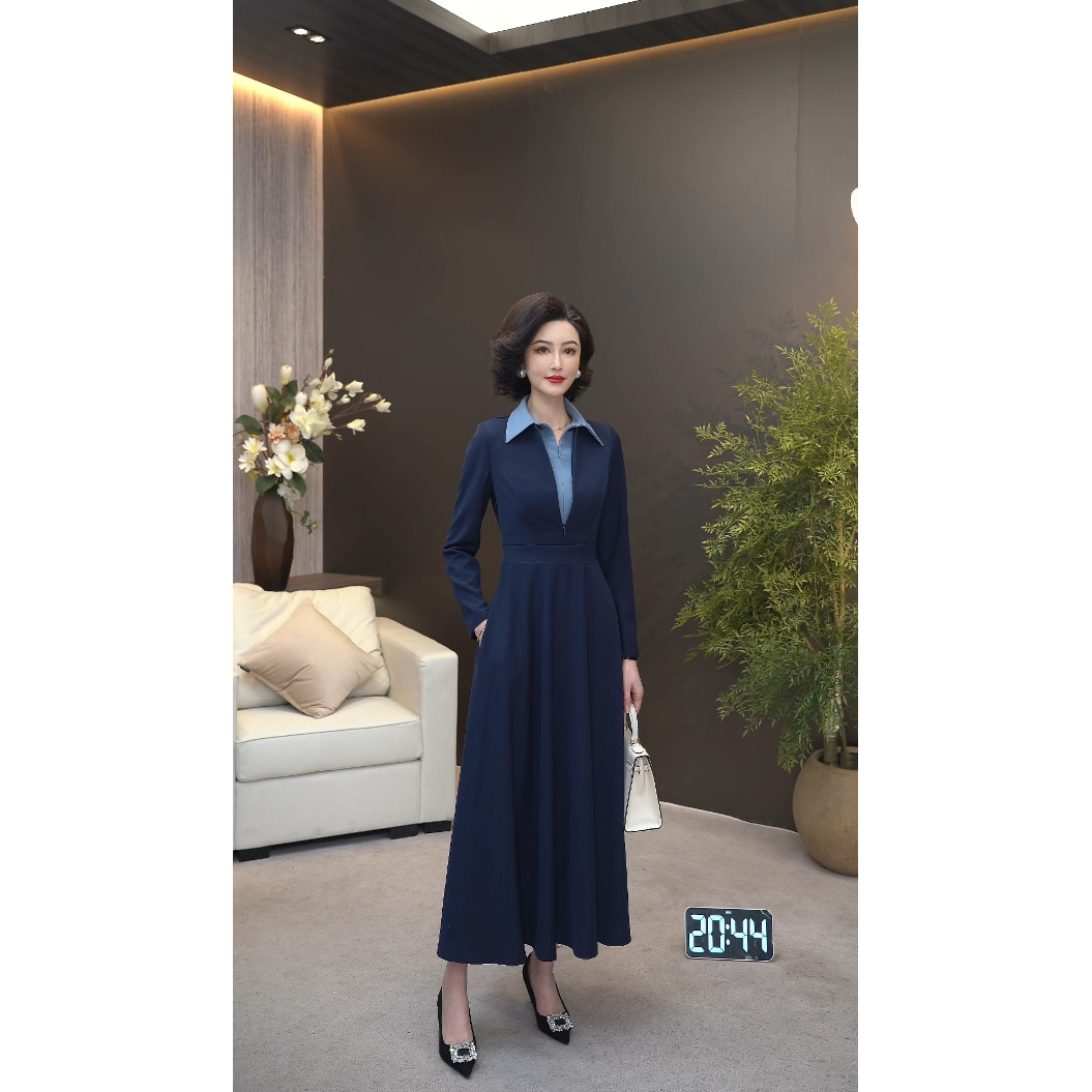 2025新藏蓝精仿斜纹免烫TR衬衣领设计师款假两件连衣裙WF3170