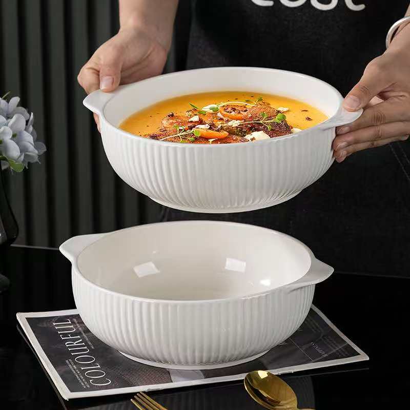 10.5英寸简约白色双耳汤碗大号陶瓷碗汤盆家用碗螺蛳粉