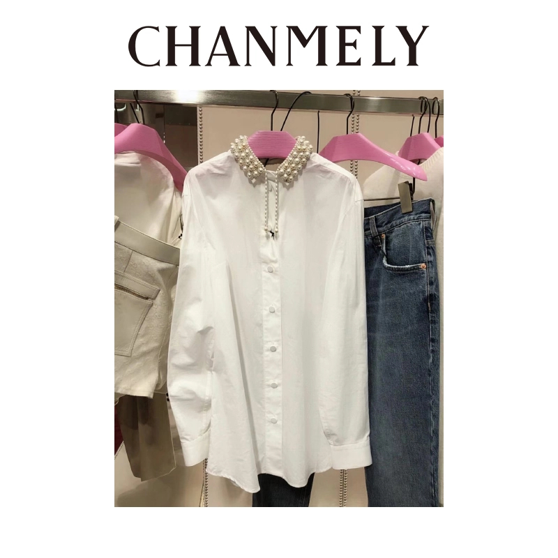 【CHANMITY】24/FWF法式领口珍珠手工高级显瘦气质长袖衬衫024366