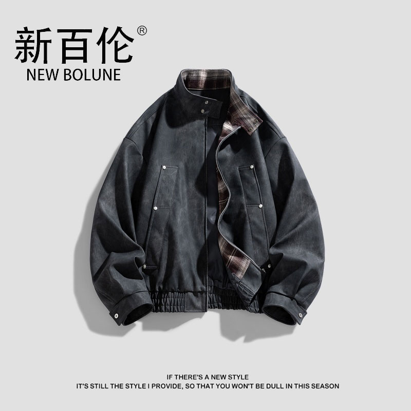 新百伦简约几何日系皮衣夹克男女上衣大码宽松学生外套机车工装潮