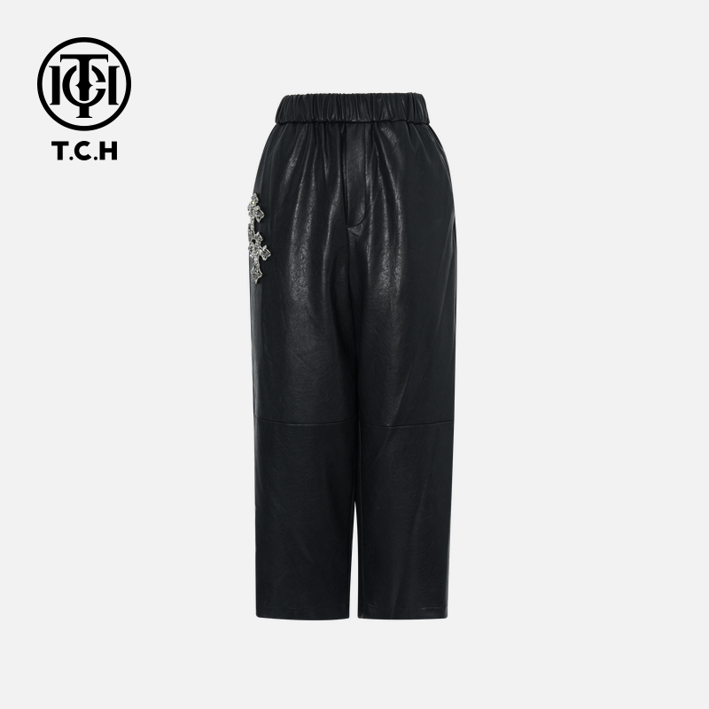 TCH【直筒休闲】冬款百搭时尚烫钻休闲风女装黑色长裤T75D20E1061