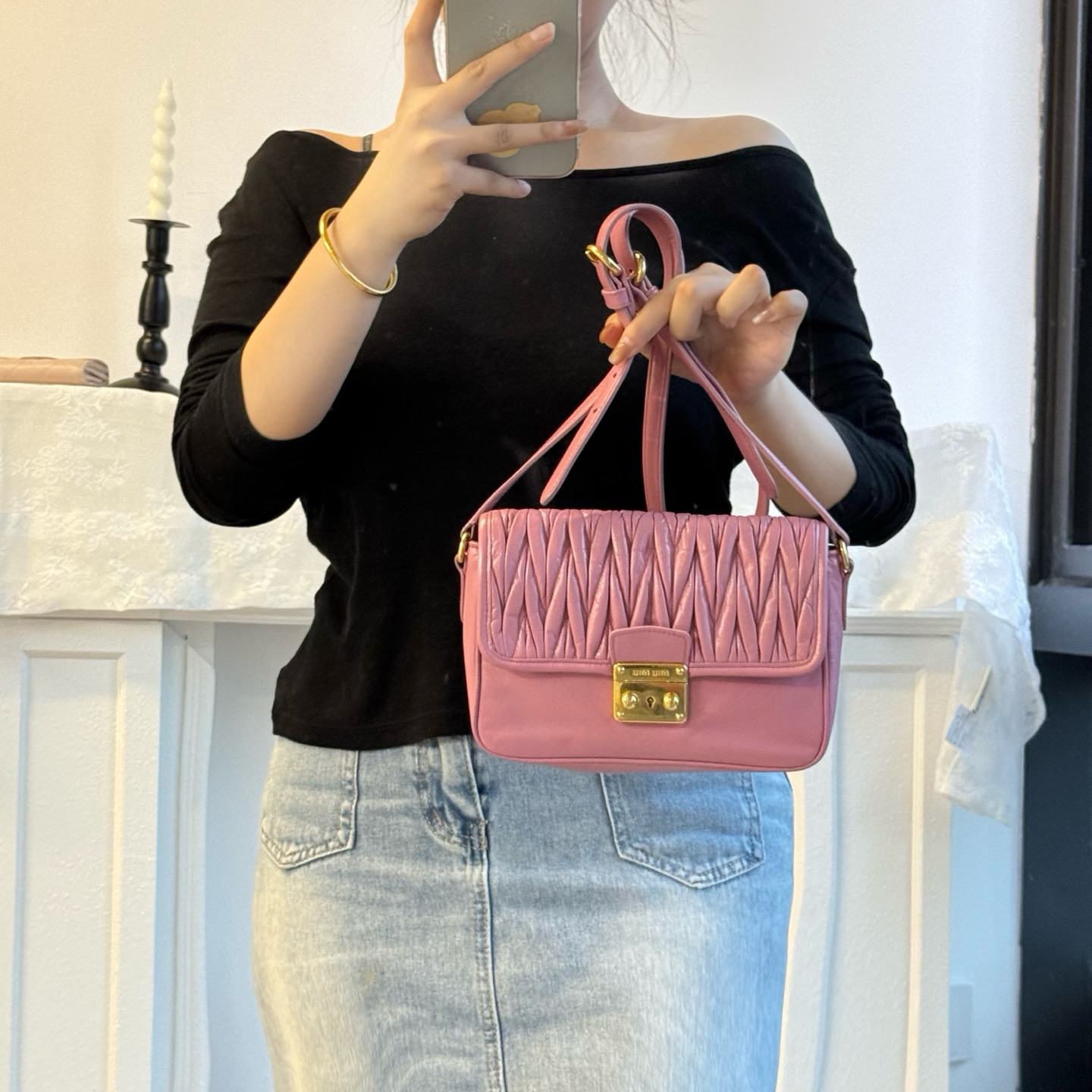 95新 MIU MIU/缪缪 miumiu 少女粉褶皱单肩包