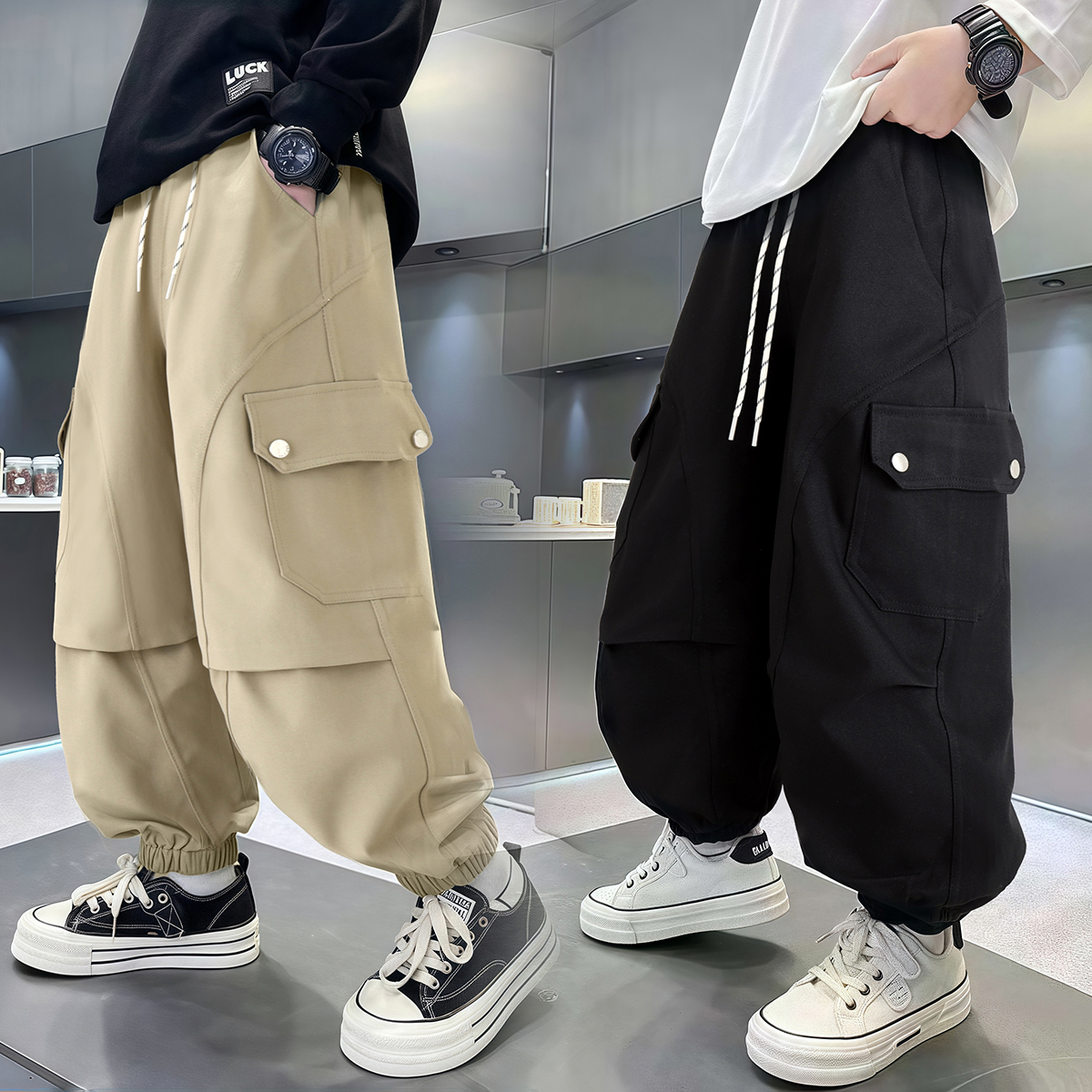 儿童秋款弯刀拼接工装裤中大童宽松时尚男装品牌8-16岁潮服