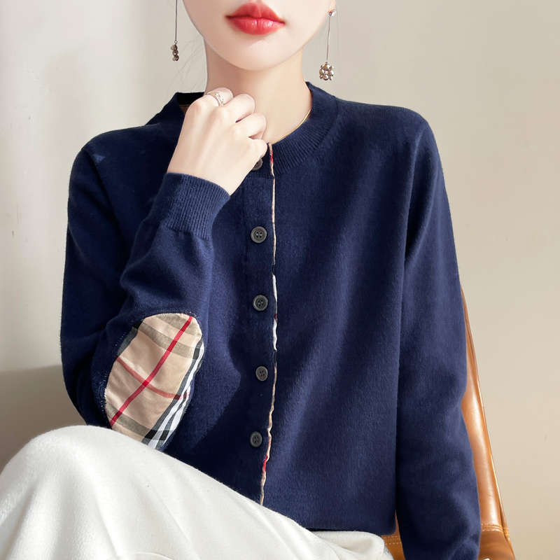 百搭宽松512毛针织衫毛衣格子春秋拼色女款春秋针织圆领衫针织衫