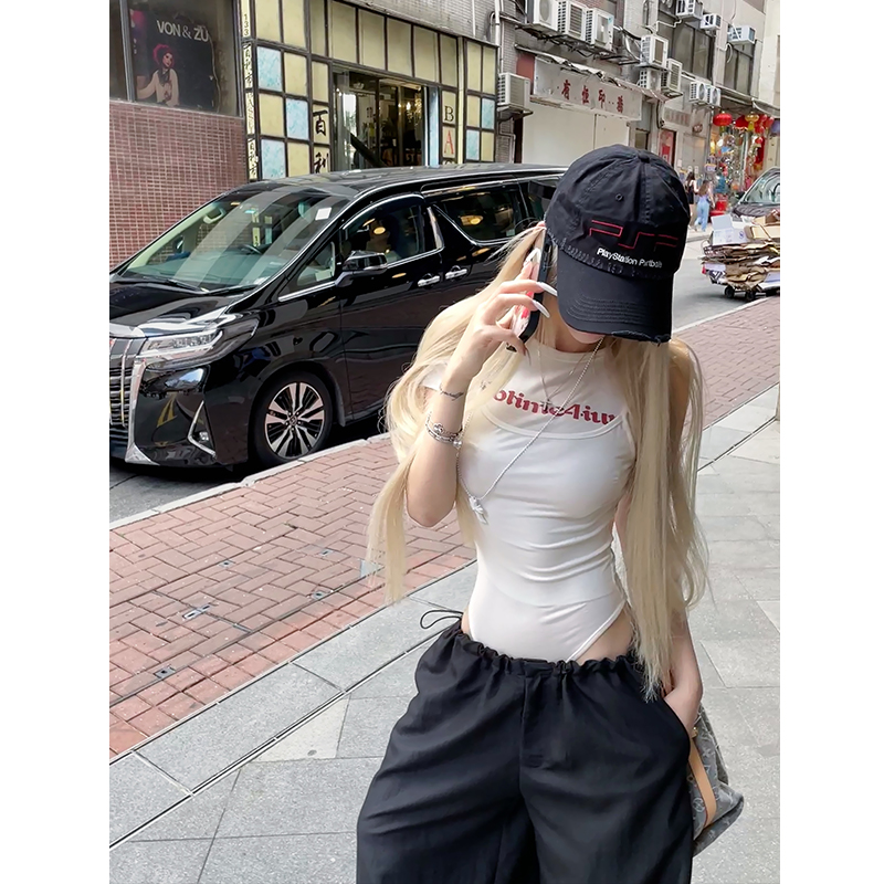 莫欣欣&辣妹上衣假两件短袖连体白色T恤女款爆款2025新款250096