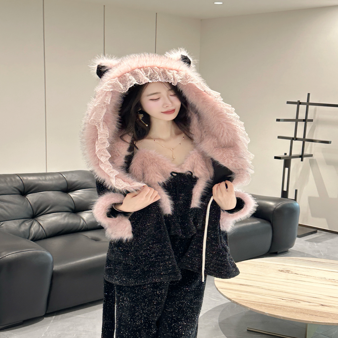 贺贺【梦中情衣】秋冬新款保暖女睡衣优雅韩系轻奢加厚家居服套装