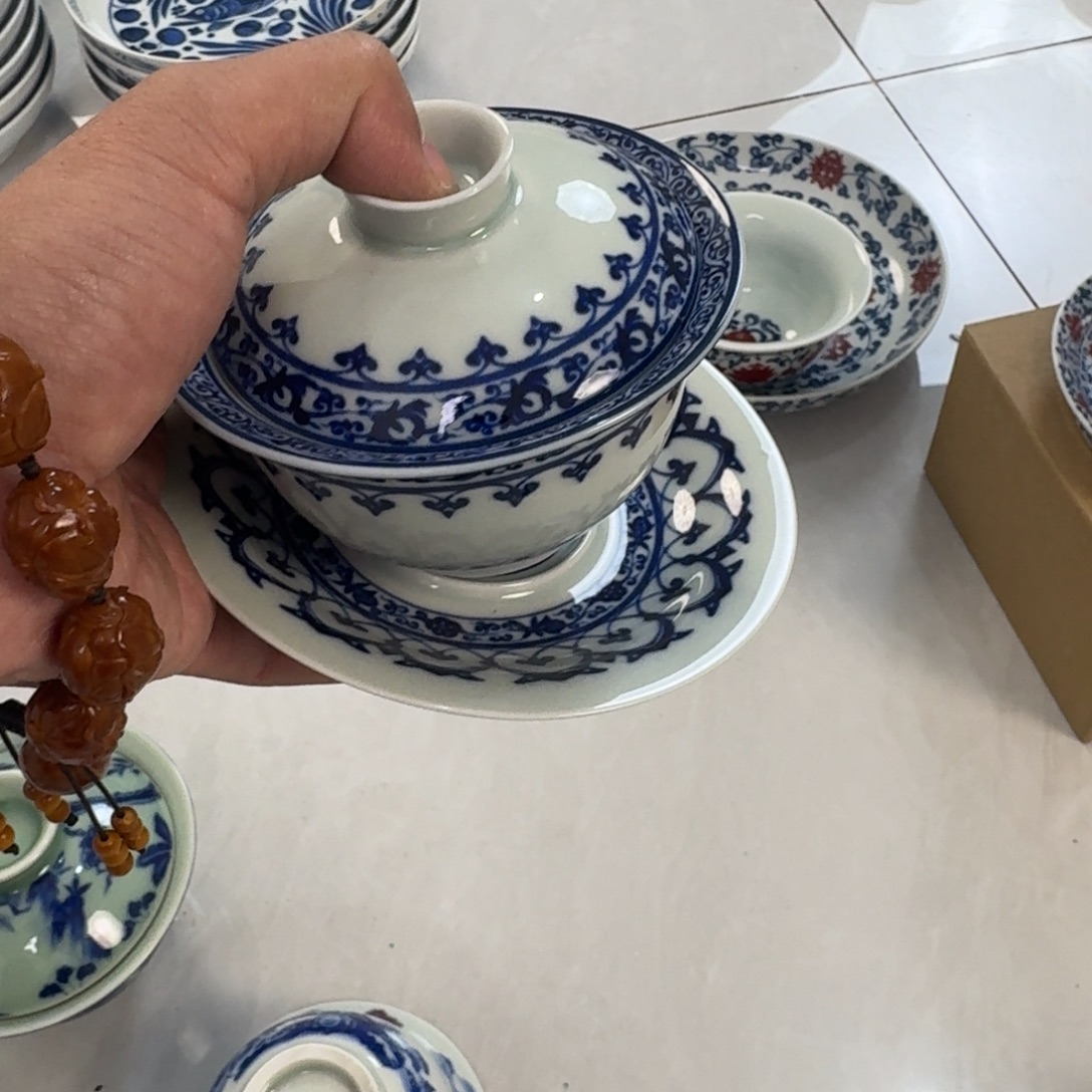 摆件陶青花宝箱三才盖碗