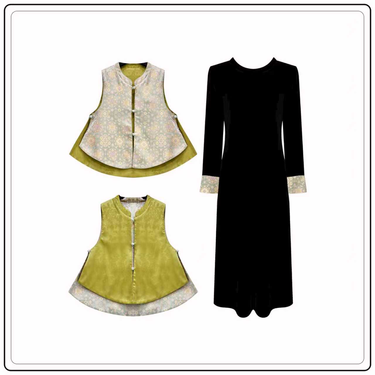 6938-8【春风得意】加厚新中式提花刺绣双穿马甲+丝绒连衣裙套装