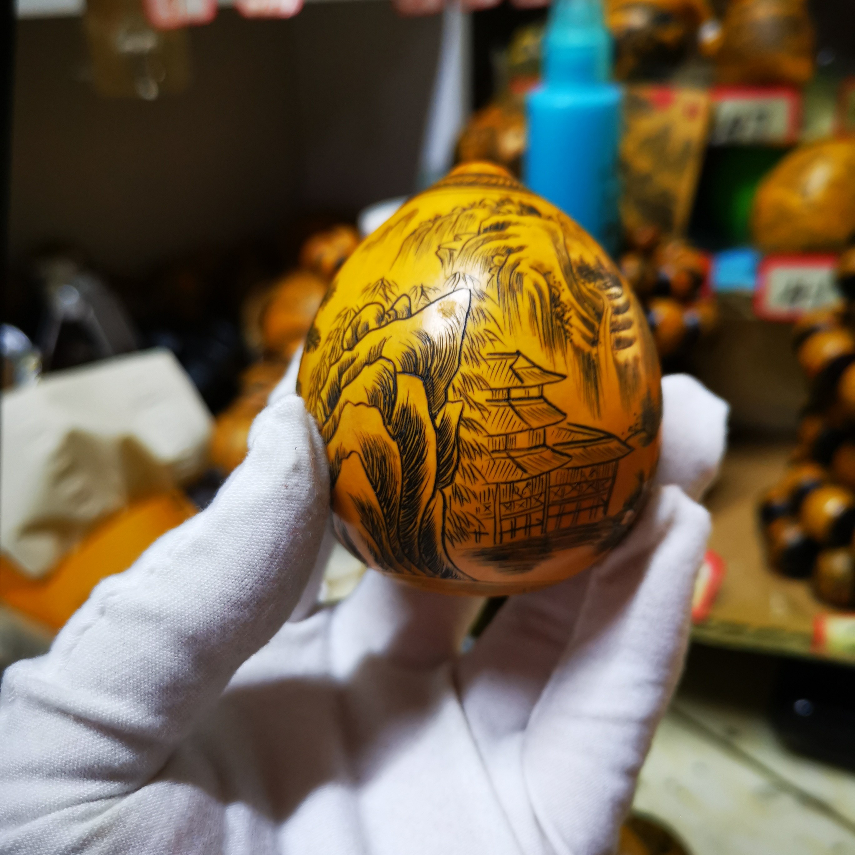雅青阁葫芦椭圆形山水鸡蛋葫芦文玩把玩手把工艺品手把手工针刻