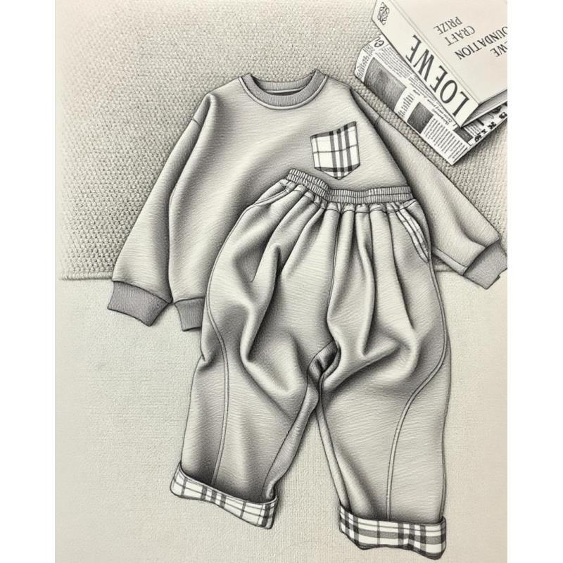 Da-Mai【格纹口袋加绒套装】秋冬宽松高级感圆领儿童两件套潮流套装