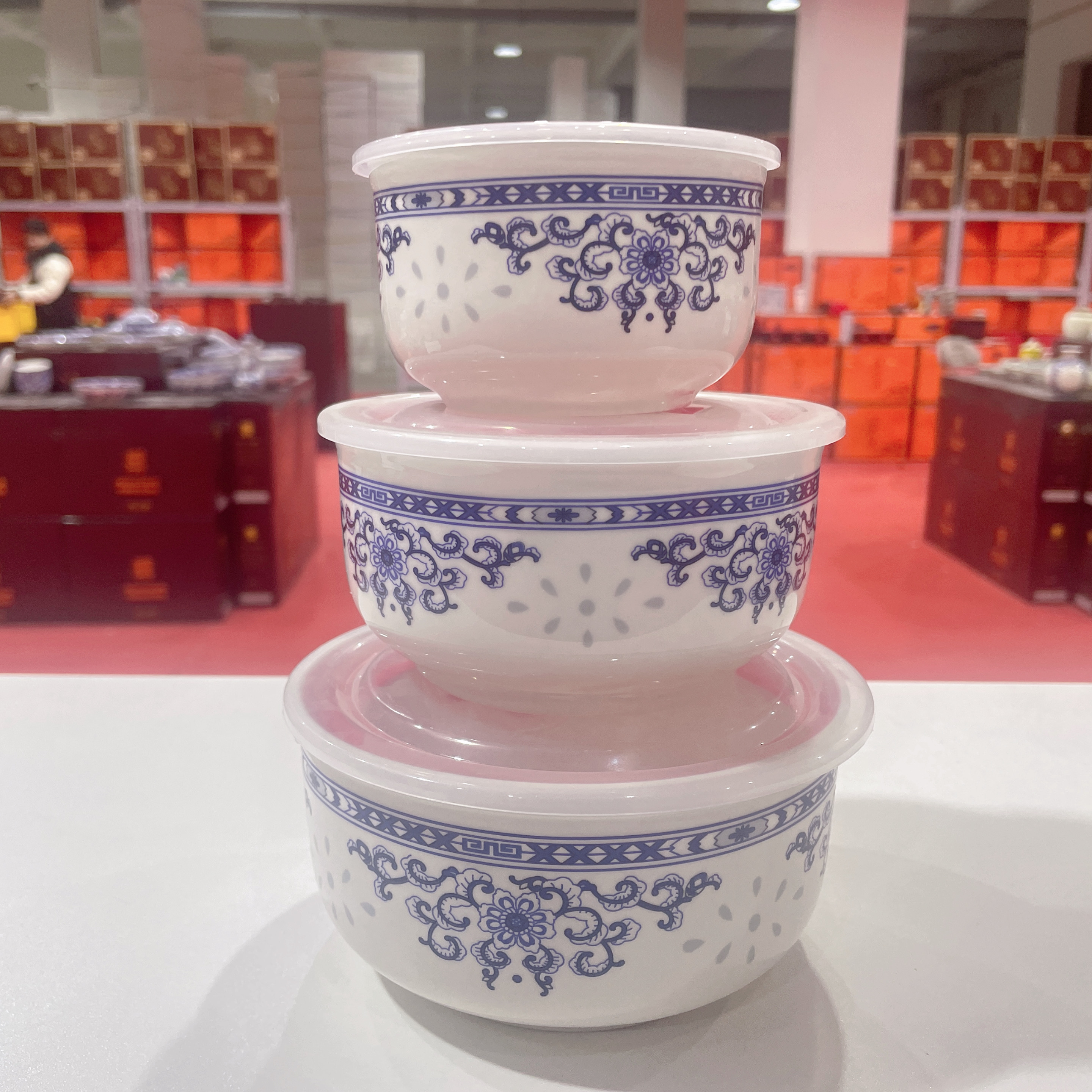 《王氏陶瓷》高品质三件套保鲜碗(满花青花)