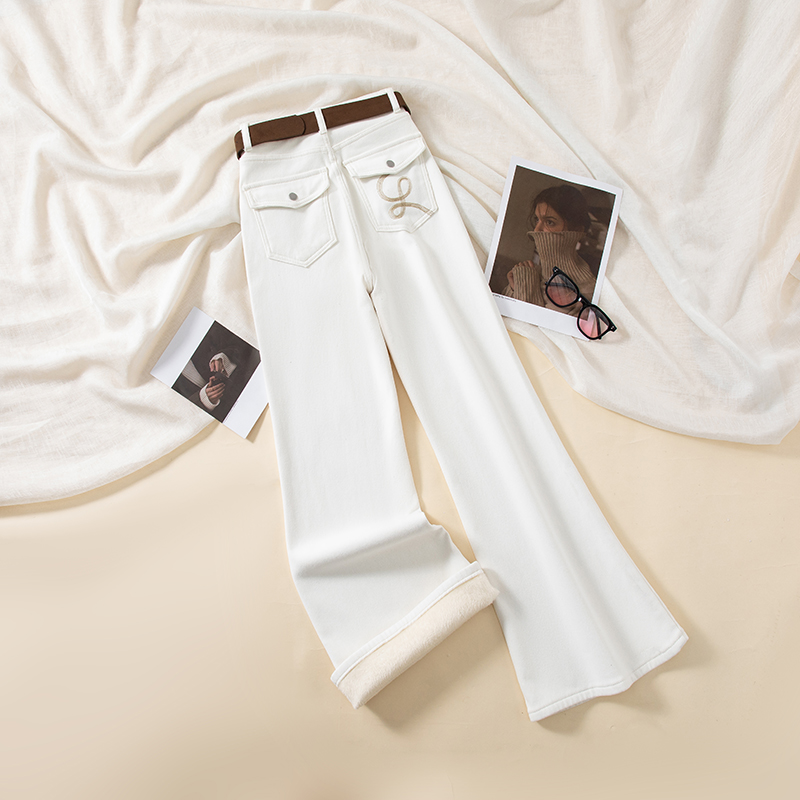 单裤/加绒高腰阔腿喇叭牛仔裤女弹力宽松显瘦垂感百搭加厚裤9875