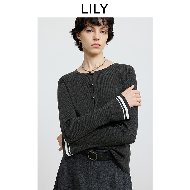 LILY2025冬新款含羊毛格雷系撞色条纹喇叭袖针织衫女125409TKE07