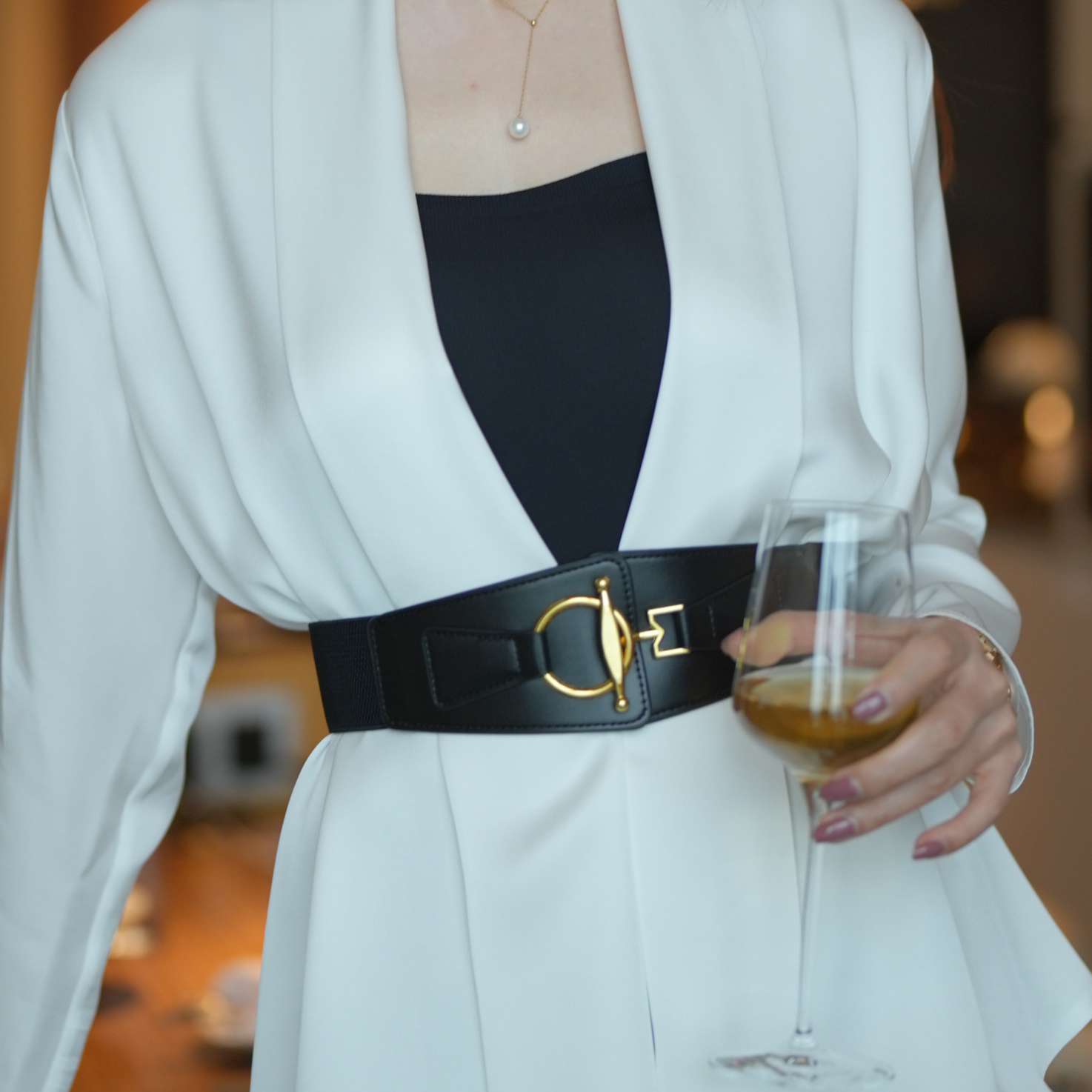 时髦百搭黑金饰扣松紧腰带CD216552