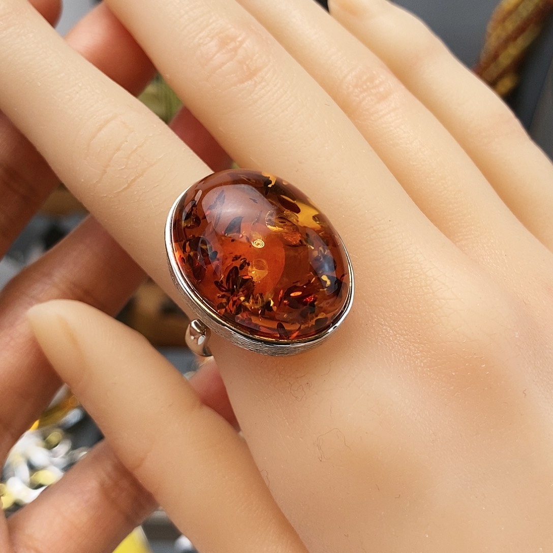 琥珀裸石银S925镶嵌戒指